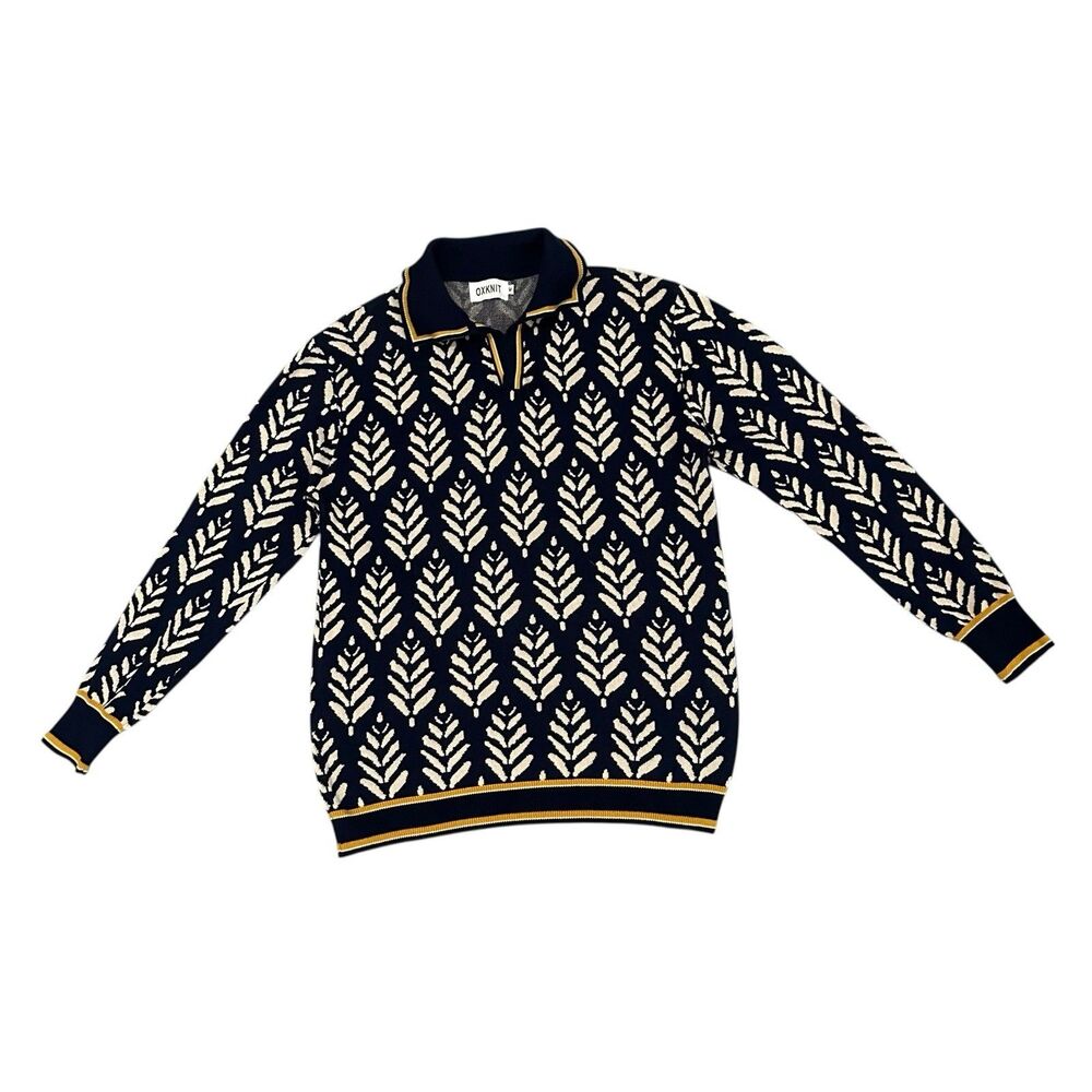 Oxknit Store Sweater Mens Medium Knit Polo Shirt Blue Geometric Retro 60s Style